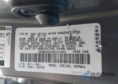 2008 Toyota Corolla Le from USA, damaged, VIN 1NXBR32E48Z022463